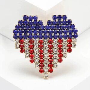 Brooch USA Flag Heart Pin Gold Rhinestone American Love Patriotic Love American